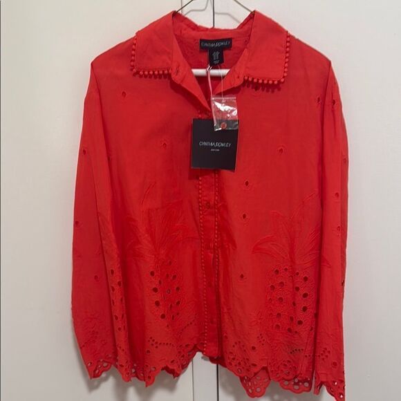 NWT Cynthia Rowley Woman’s Eyelet Embroidered Cotton Blouse in Red. Size XS. - Picture 1 of 11